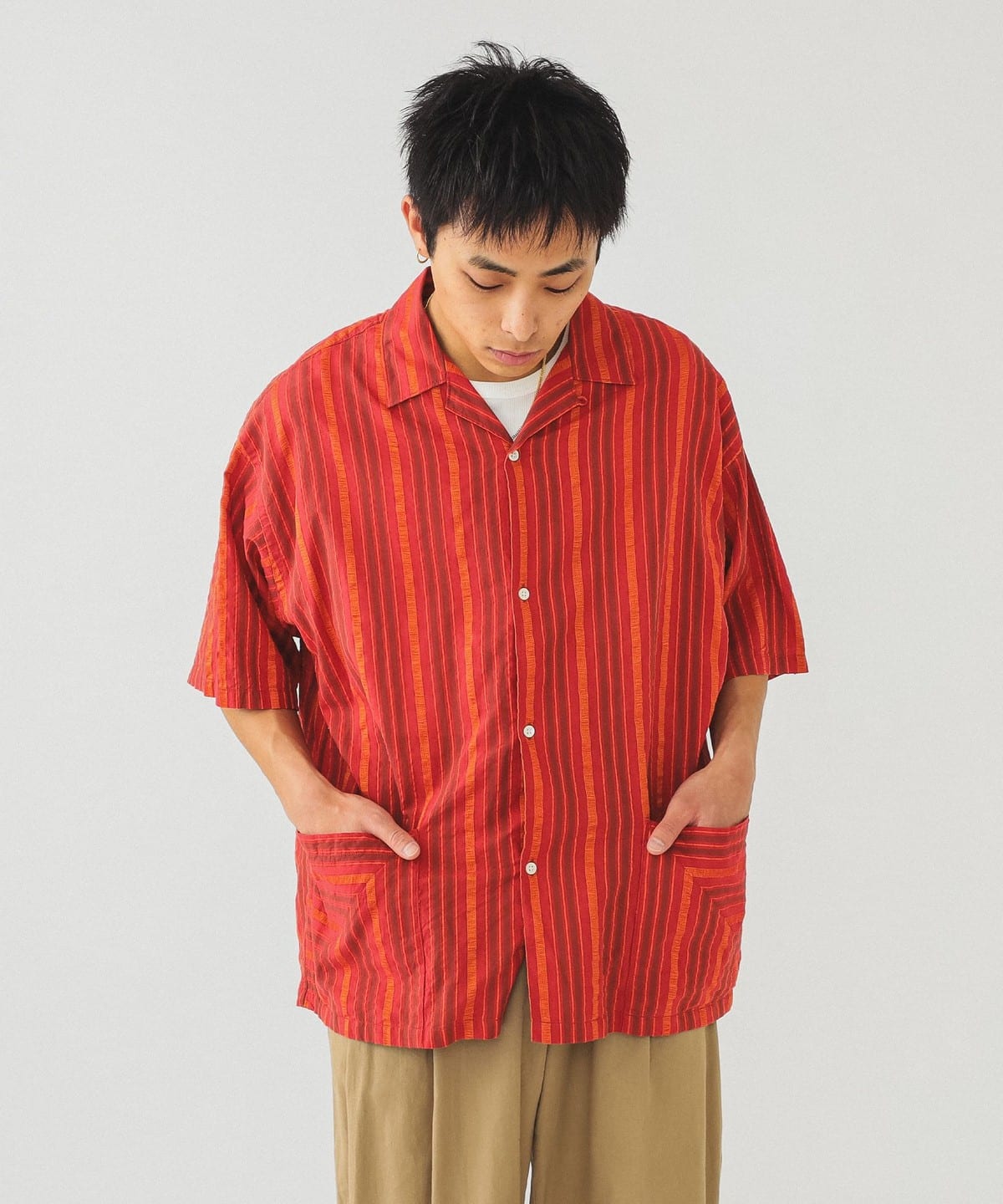 BEAMS（ビームス）ドビーストライプ オープンカラーシャツ（シャツ