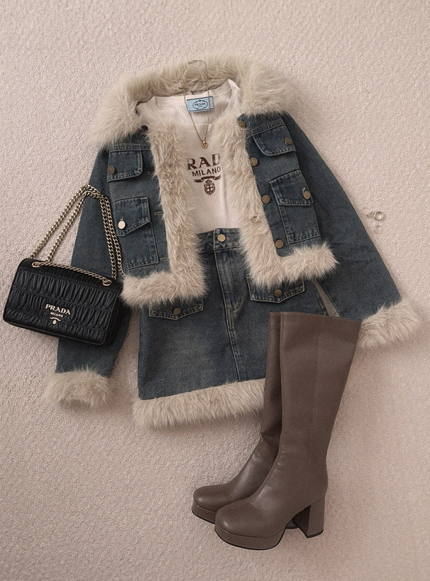 ショート丈ジャケット×ミニスカートファーデニムセットアップ[gc286