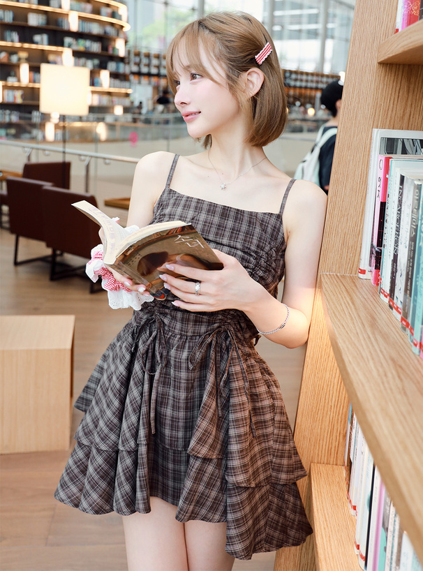 チェック柄ドロストリボンミニワンピース[dk1357] | レディース