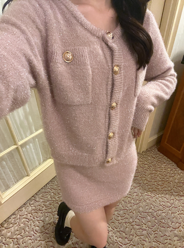 ラメフェザーニットカーディガン×ミニスカートセットアップ[kz617