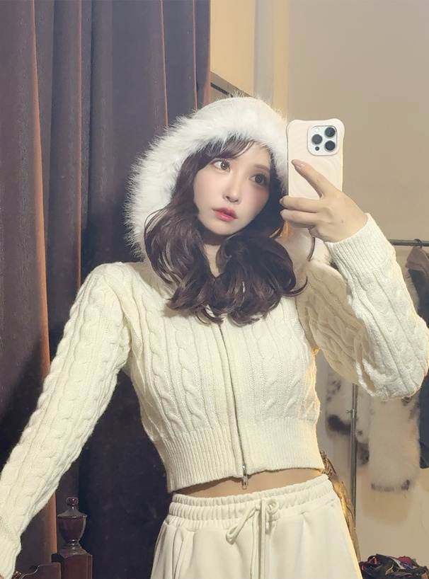 ファーフードダブルジップケーブルニットカーディガン[mb1601