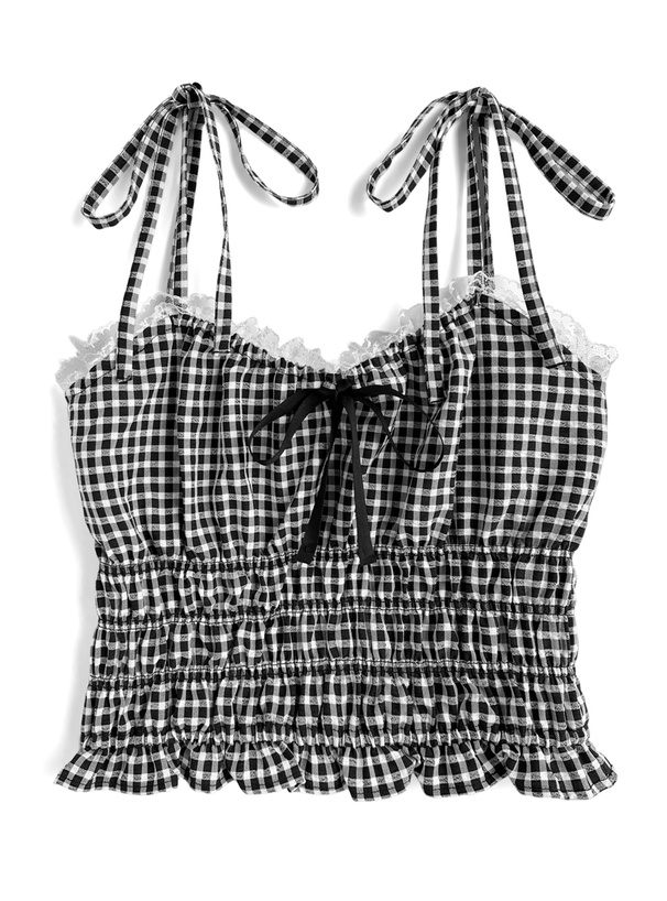 フリージアチェック柄リボンレースキャミソール[tg838] | レディース