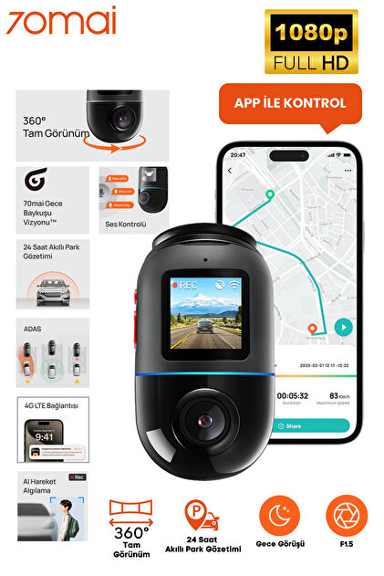 70MAİ X200 Omni 128gb 360° Dönebilen Araç Içi Kamera - Siyah & Gri