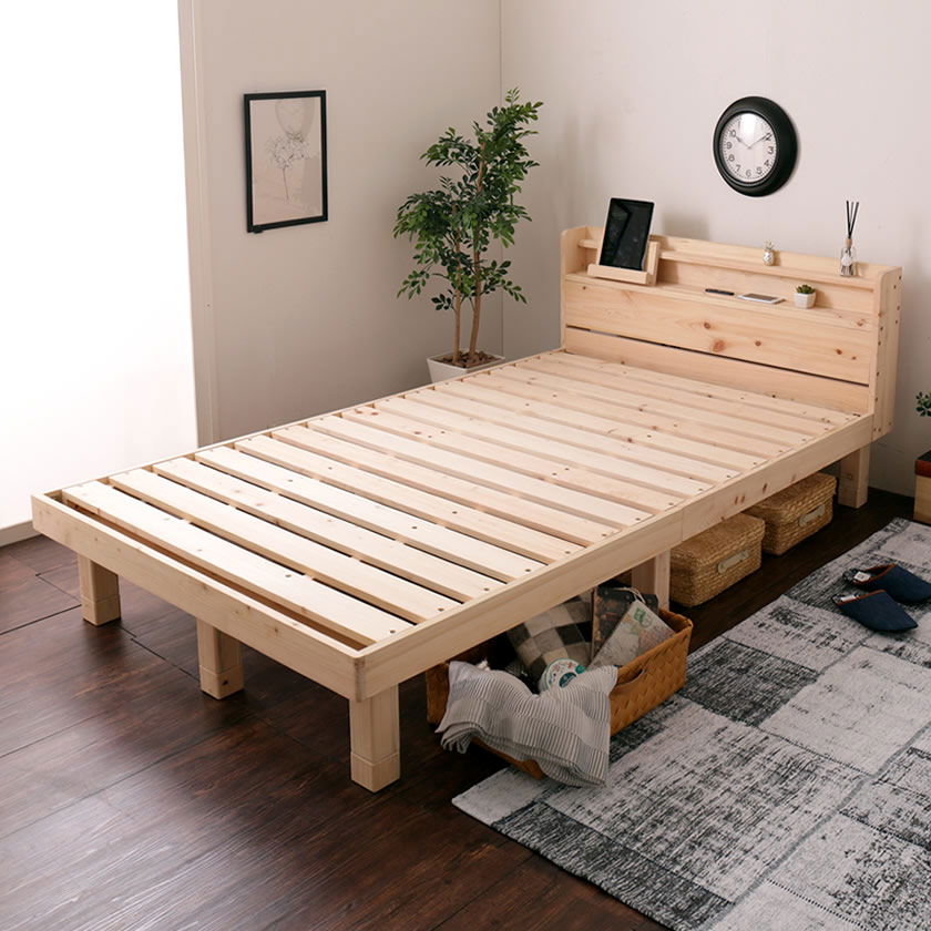 檜すのこベッド セミダブル 棚コンセント、タブレットスタンド付