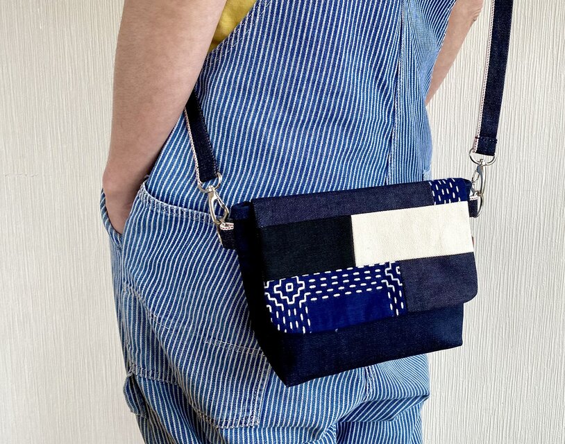 藍染め刺し子×岡山デニム×倉敷帆布のパッチワークミニショルダーバッグ