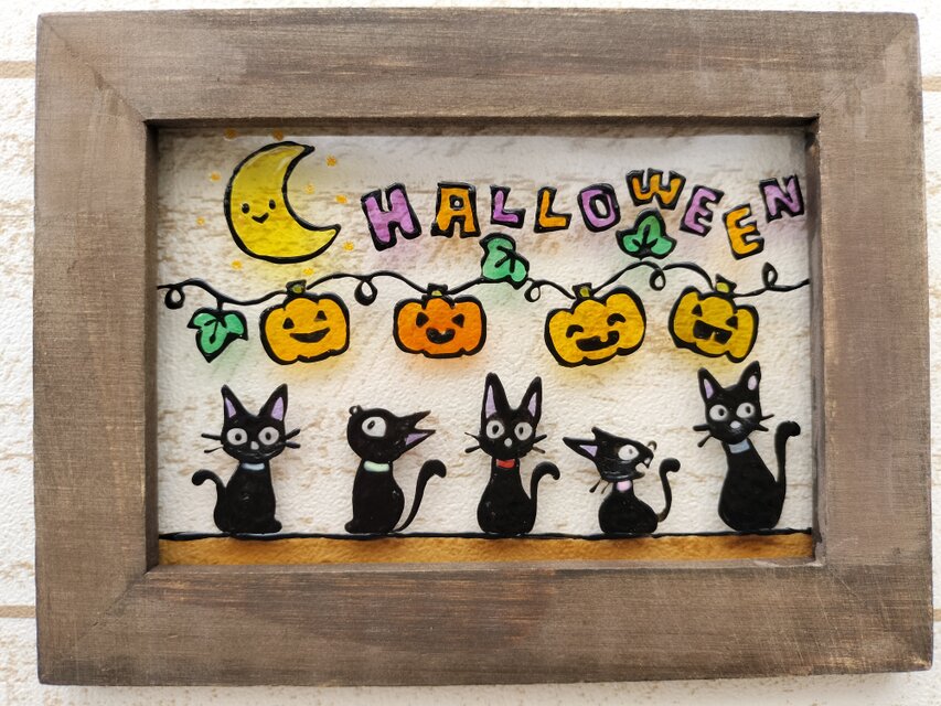 送料無料*ステンドグラス風*ハロウィン・黒猫・かぼちゃ・ハンドメイド