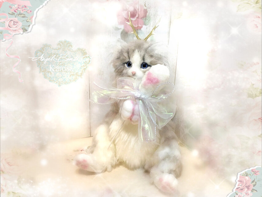 エンジェル バンビキャット 全身可動 猫 幻獣 角 羊毛フェルト アート