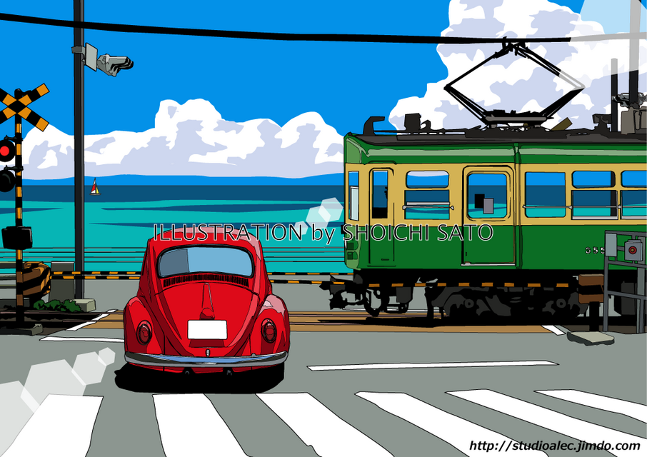 版画作品 湘南イラスト「いつかの海岸線3」 フレーム（額）入り