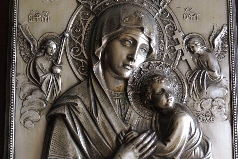 スペイン イコン レリーフ 聖母子像 聖像画 画像 宗教画 アンティーク