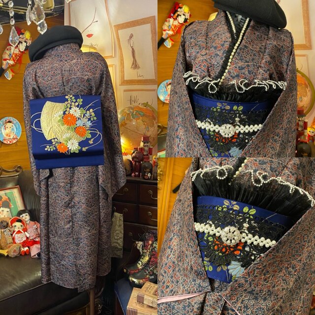 和洋折衷 着物 ワンピース ドレス 和ロリ 2部式作り帯 お太鼓 リメイク