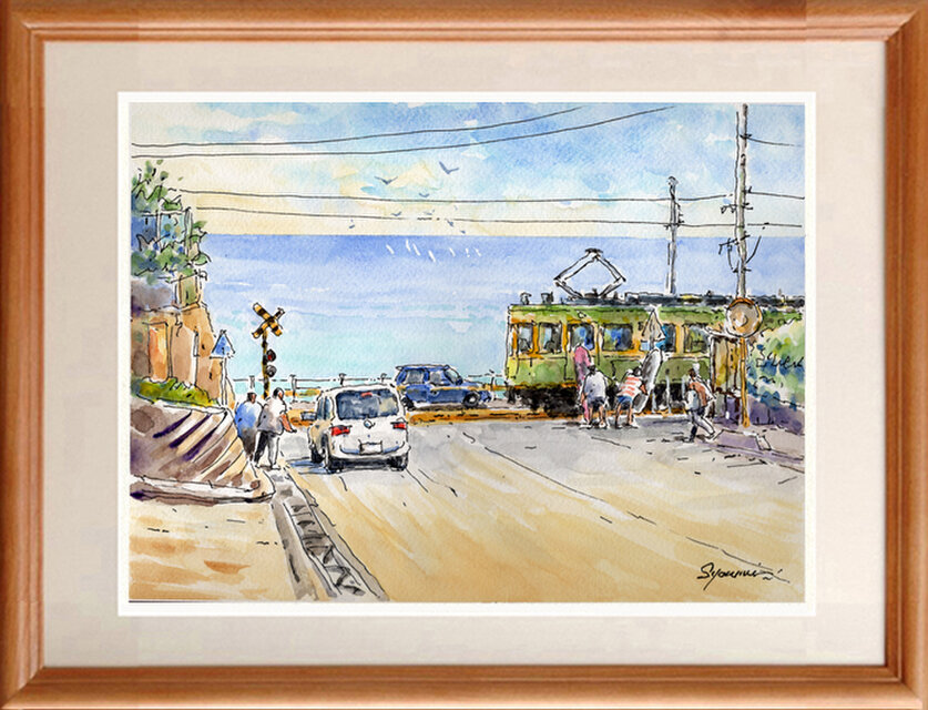 水彩画原画 鎌倉高校前踏切風景 ＃649 | iichi 日々の暮らしを心地よく