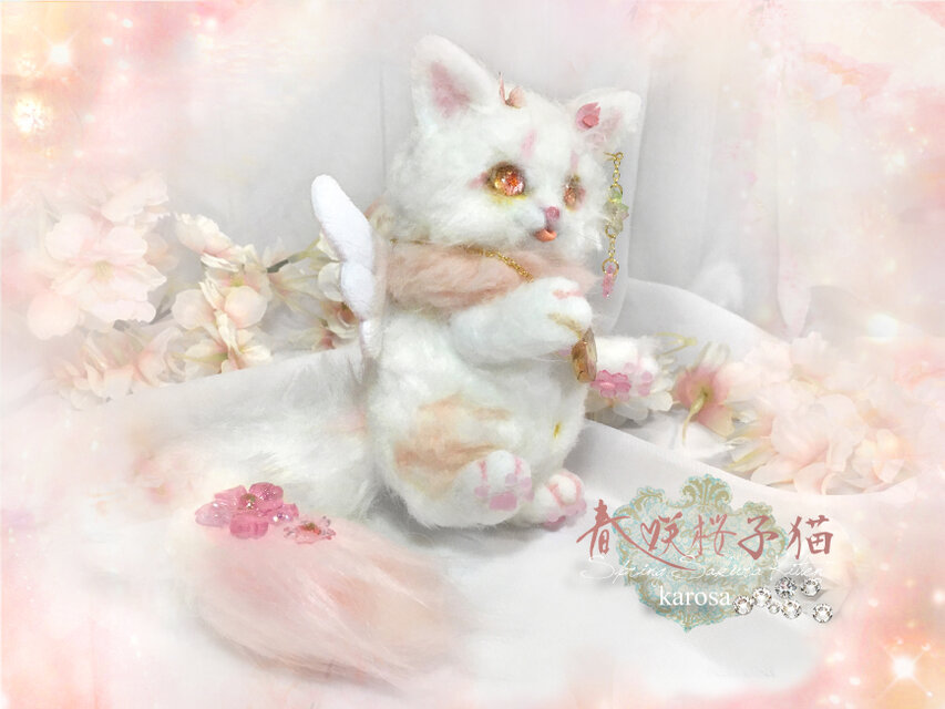 春咲桜子猫 完全オリジナル 可動 桜 蝶々 猫 ネコ 羊毛フェルト アート