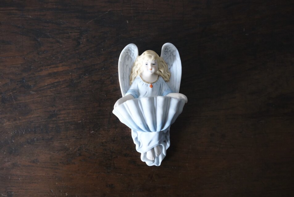 ビスク製 天使 ベニティエ 聖水盤 水色 フランス アンティーク 0502291