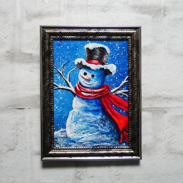 油絵 ミニ絵画【赤いマフラーの雪だるま】 | iichi 日々の暮らしを