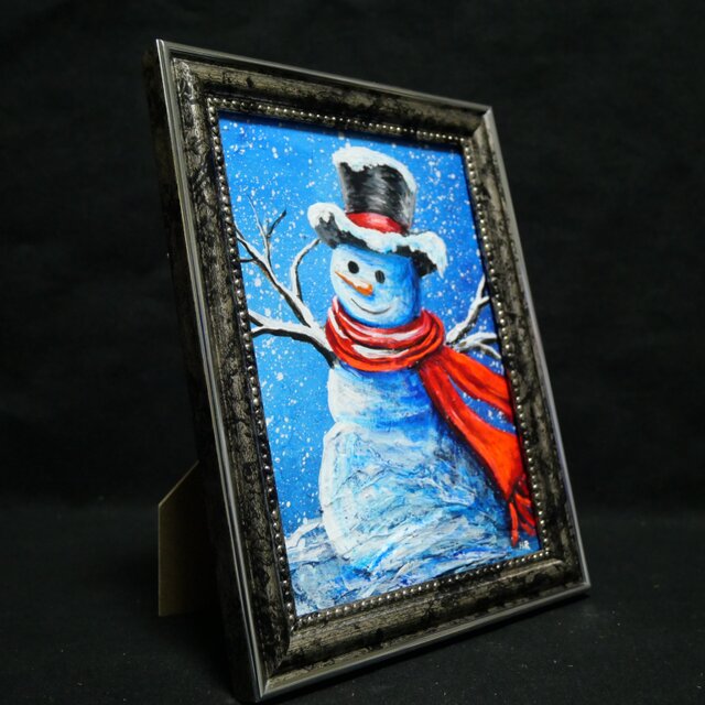 油絵 ミニ絵画【赤いマフラーの雪だるま】 | iichi 日々の暮らしを