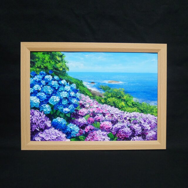 油絵【海と空と桃源郷岬の紫陽花】 | iichi 日々の暮らしを心地よく