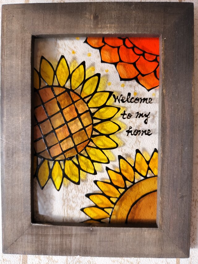 送料無料*ステンドグラス風*ひまわりと太陽・夏・ウエルカム