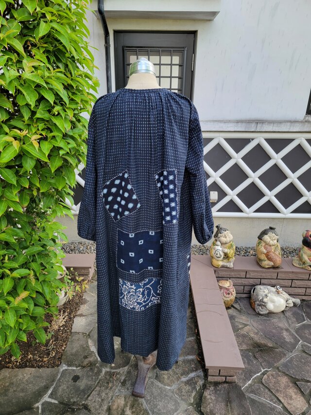 着物リメイク 古布 手作り 書生絣 雪ん子 型染 パッチ ワンピース