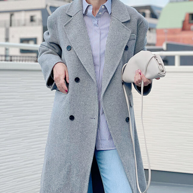 新作】ヘリンボーン柄リバーシブル生地の半裏付きダブルブレストコート