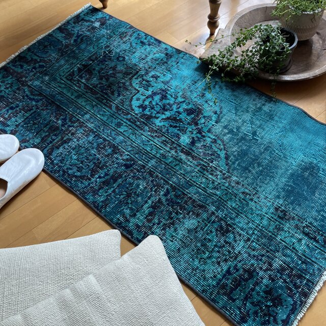 トルコヴィンテージラグ ブルーグリーン 61×117 オーバーダイ 神秘的