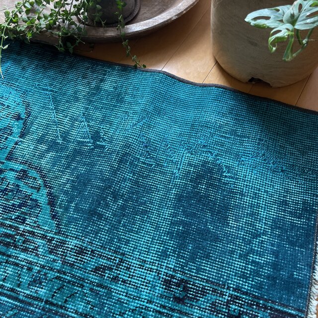 トルコヴィンテージラグ ブルーグリーン 61×117 オーバーダイ 神秘的