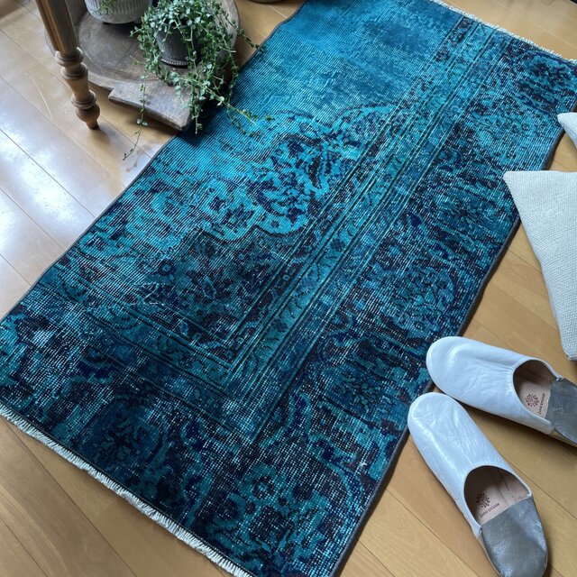 トルコヴィンテージラグ ブルーグリーン 61×117 オーバーダイ 神秘的