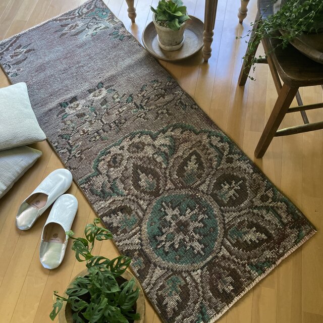 トルコヴィンテージラグ ブラウン×グリーン グレー×レッド ランナー