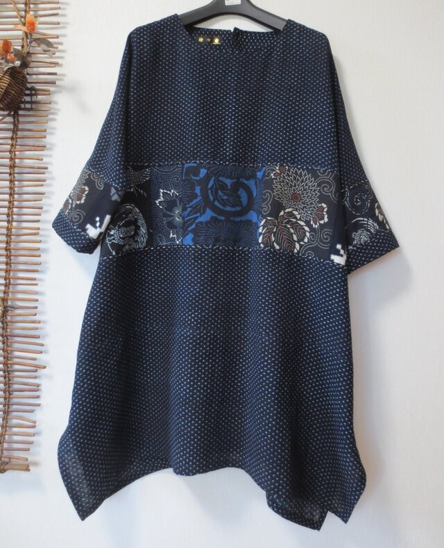 古布リメイク 雪ん子絣のチュニックワンピース 古布藍染 久留米絣 型染