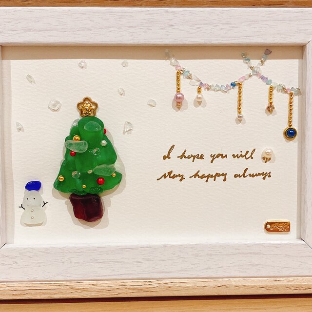 シーグラスアート クリスマスツリー 雪だるま ヒーリングアート 絵画