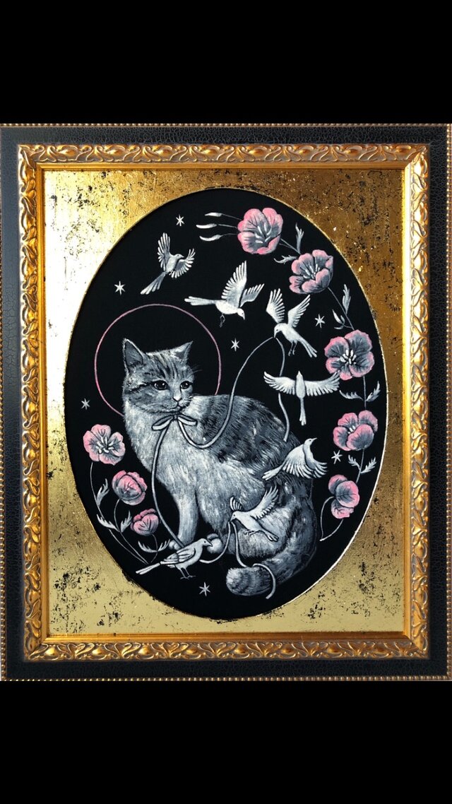 またね」F6サイズ 額付 アート作品 アクリル画 原画 猫 徳島洋子作品