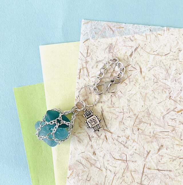 シーグラス・ワイヤーアート バックチャーム＆チャーム 一点物！ 3号