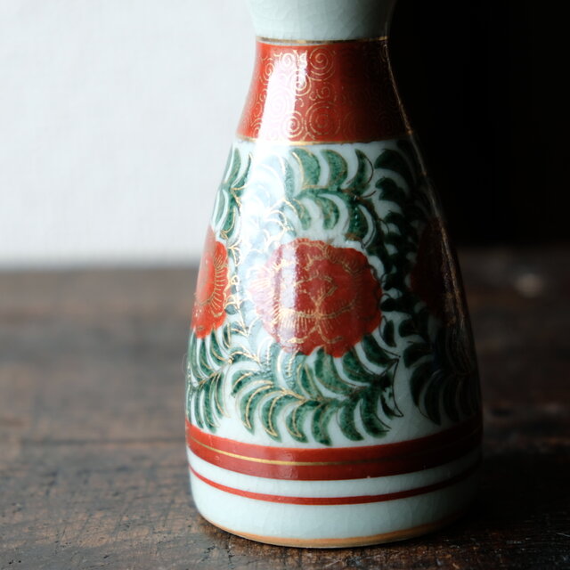 花とリーフ◇九谷焼 赤絵金彩徳利 酒器 インテリア 昭和レトロ