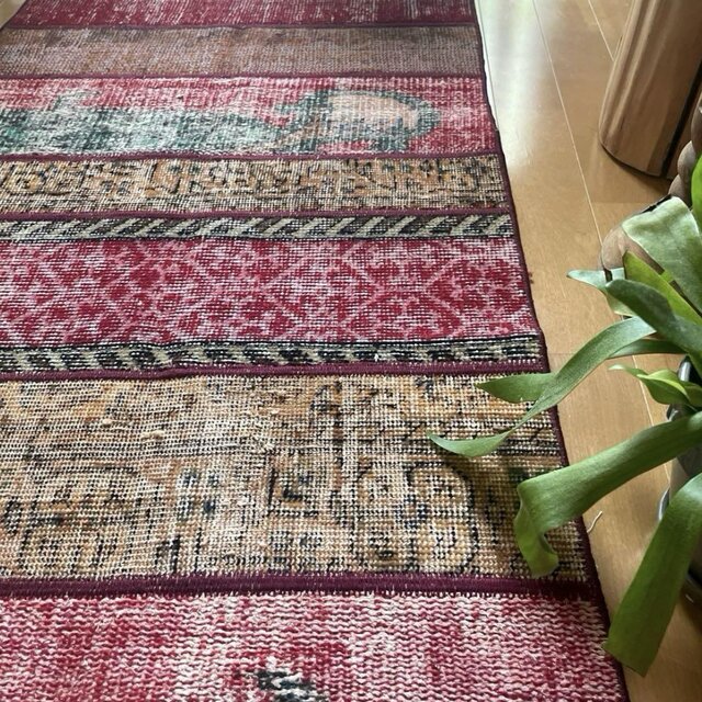 62.5×142 パッチワークラグ ボルドーステッチ トルコヴィンテージラグ