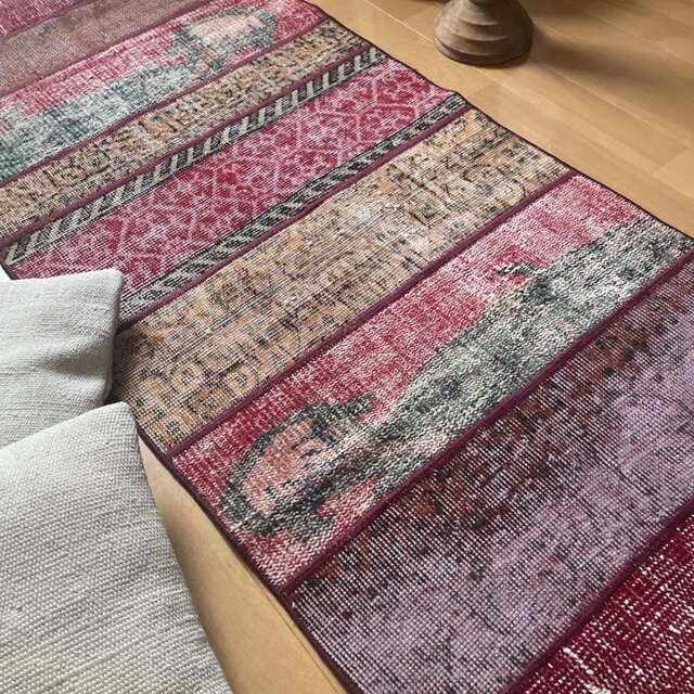 62.5×142 パッチワークラグ ボルドーステッチ トルコヴィンテージラグ