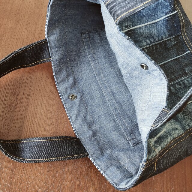 ㊸ トートバッグ ☆ リメイク 岡山デニム ヒッコリー ハンドバッグ