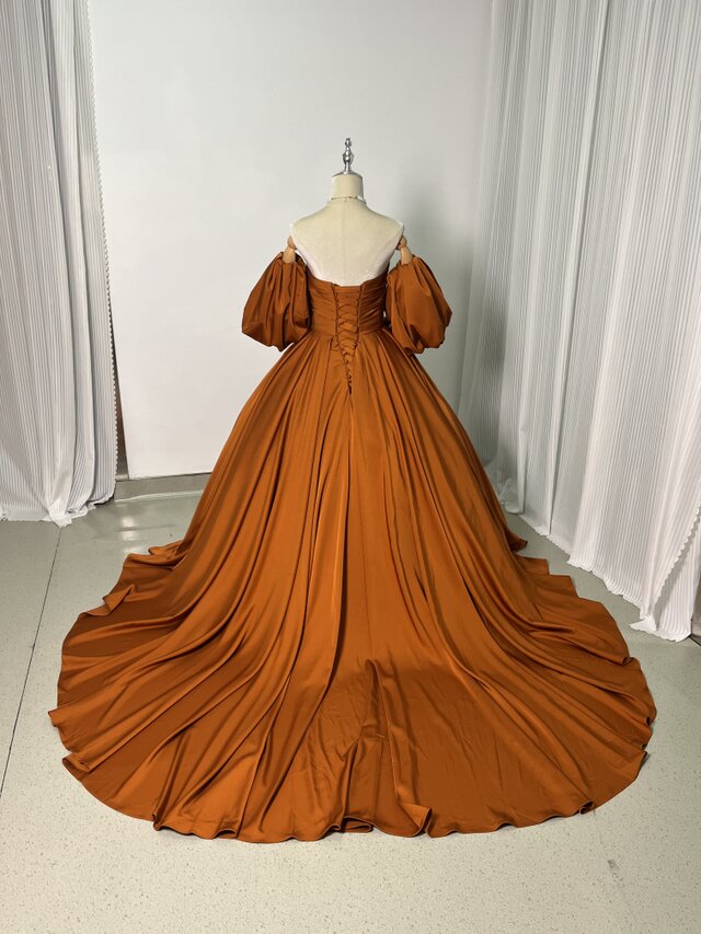 カラードレス テラコッタ色 2ways パフスリーブ 高級イタリアサテン