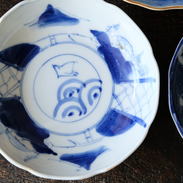 金継ぎ用に◇伊万里・瀬戸焼 染付・印判膾皿4客セット 骨董・antiques