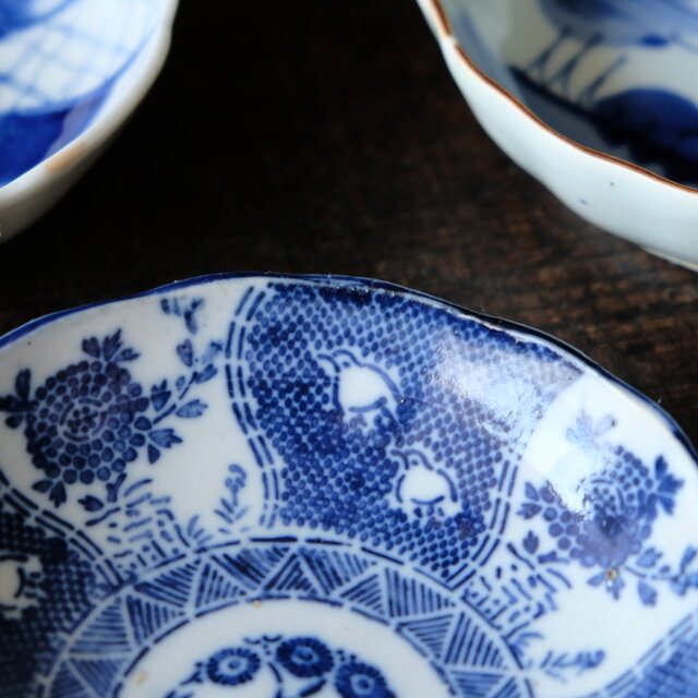 金継ぎ用に◇伊万里・瀬戸焼 染付・印判膾皿4客セット 骨董・antiques