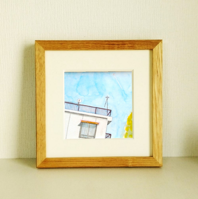 飛行機雲」原画 ※木製額縁入り（18㎝角）一点物 水彩 イラスト