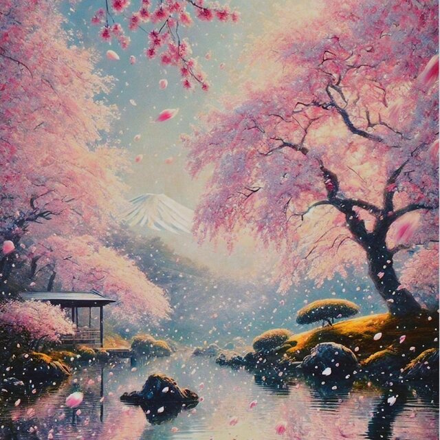 花さそふ 嵐の庭の 雪ならで【AIアート 桜富士山】A4額装品がんどう