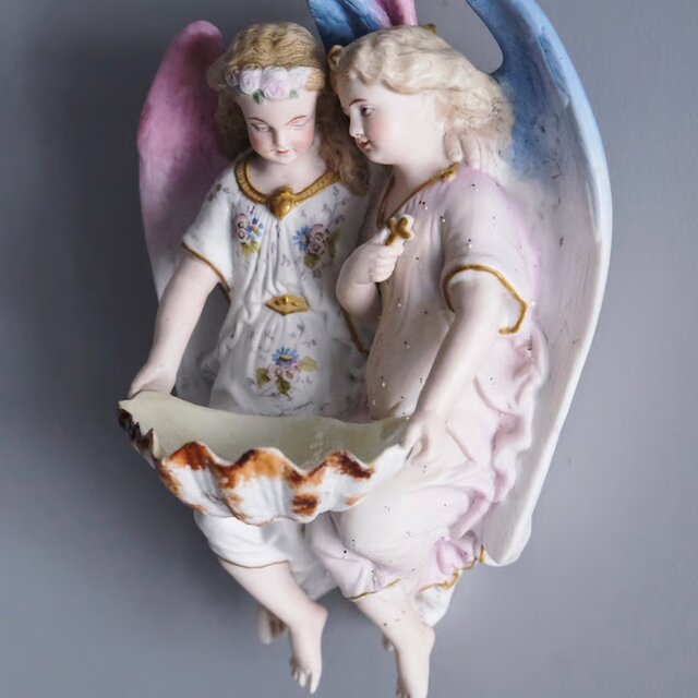 ベニティエ 聖水盤 二人 天使 ビスク ポリクローム 彩色 h24cm