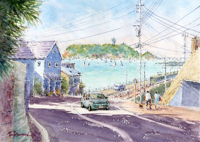 水彩画原画 緑の江の島と七里ガ浜2 ＃679 | iichi 日々の暮らしを