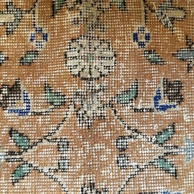 91×176淡いベージュ青い花 ボタニカル柄 トルコヴィンテージラグ 91