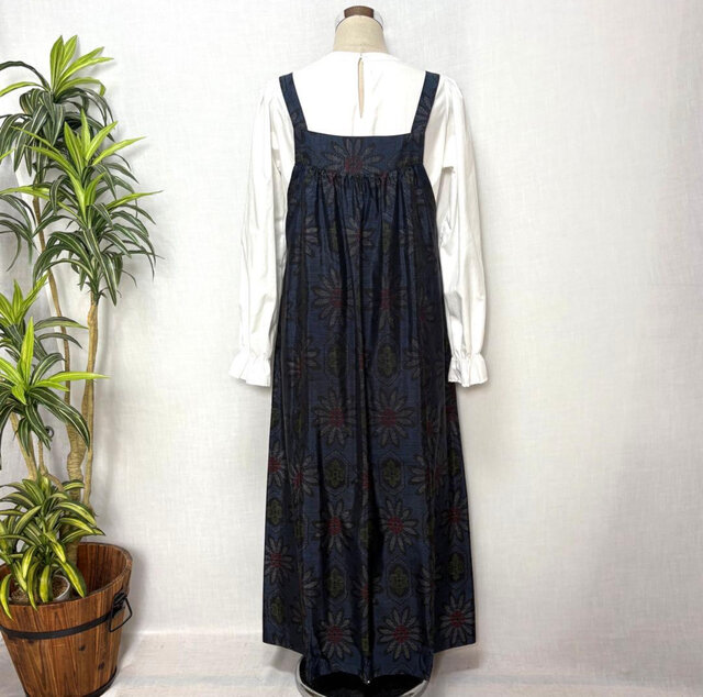 着物リメイク 大島紬花柄ジャンパースカート ロングワンピース ミモレ