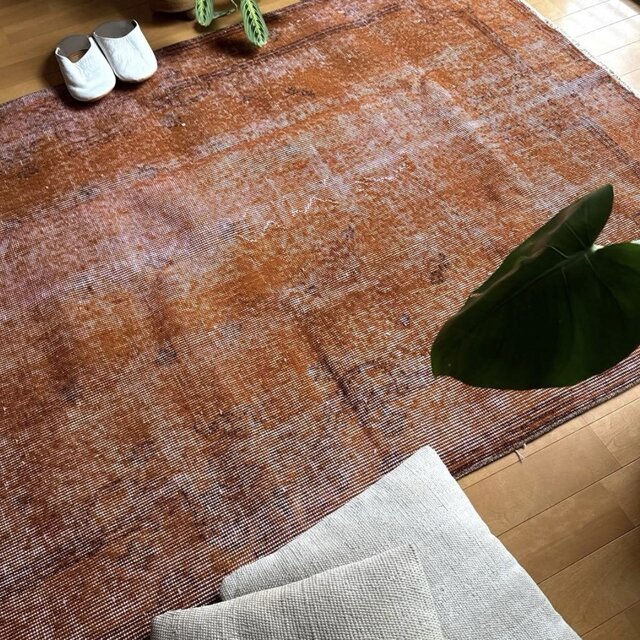 115×212 オレンジピンクブラウン オーバーダイ トルコヴィンテージラグ