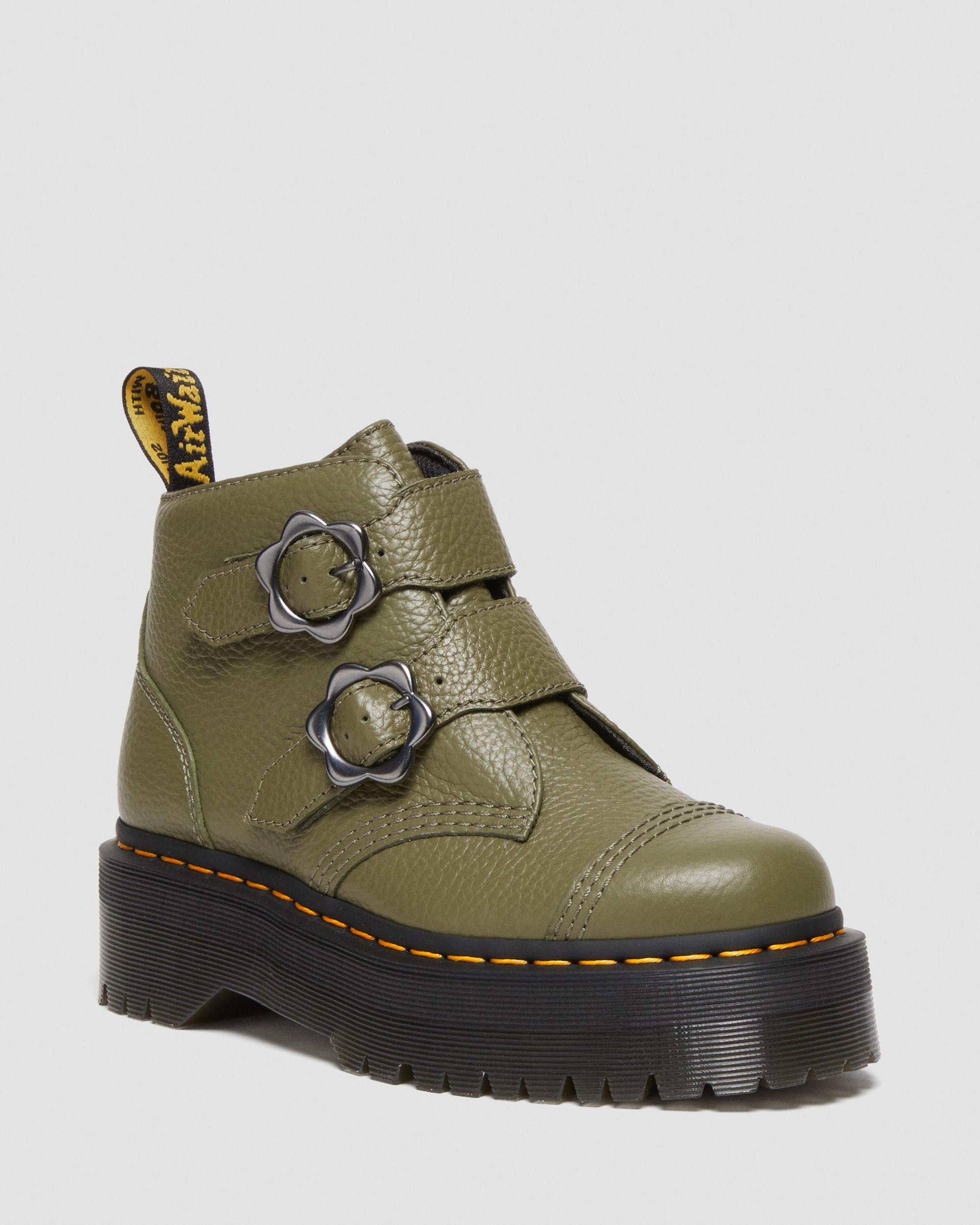 Devon Flower Buckle Leather Platform Boots in Khaki Green | Dr