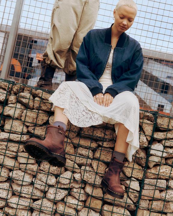 Anistone Lo Leather Biker Boots in Dark Brown | Dr. Martens