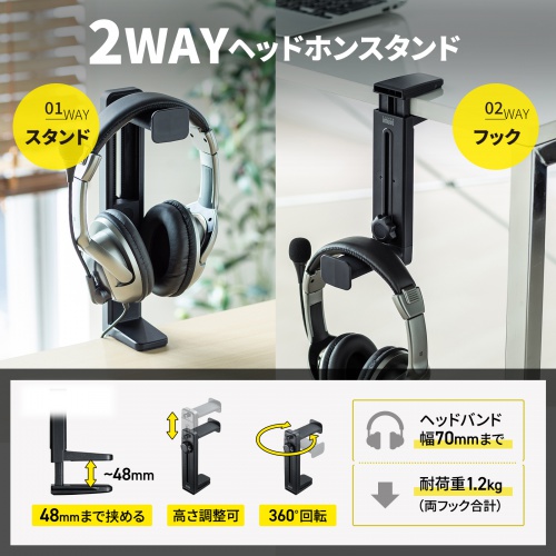 PDA-STN25BK【回転式2WAYヘッドホンスタンド】挟むだけで簡単に