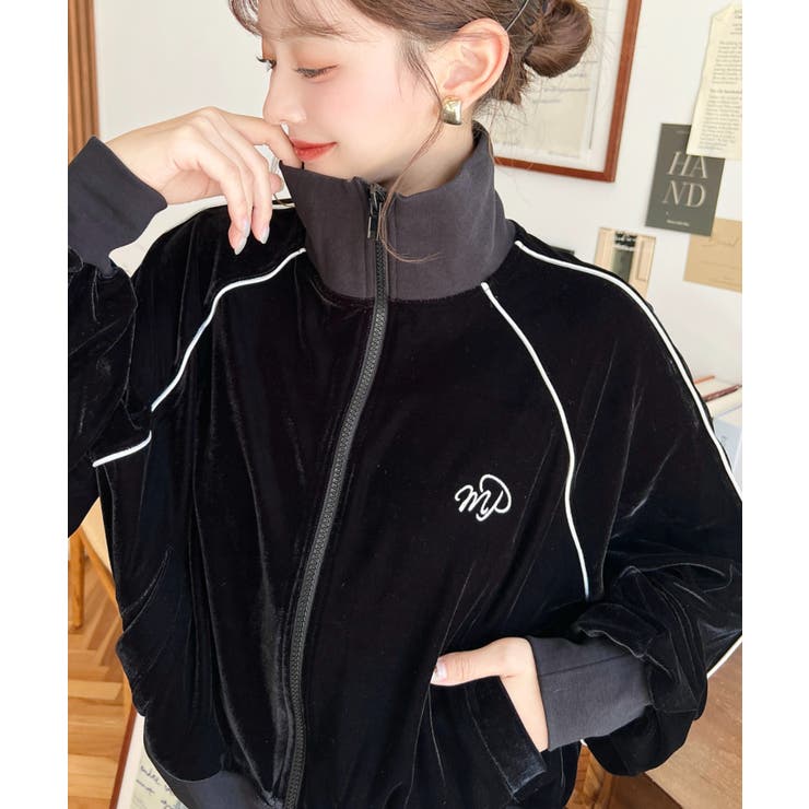 ワンポイント刺繍配色ラインベロアトラックジャケット[品番