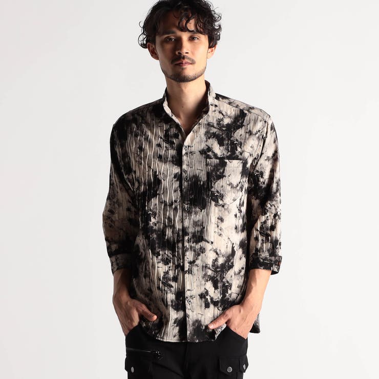 アラカルトプリント 7分袖ショートスタンドカラーシャツ[品番